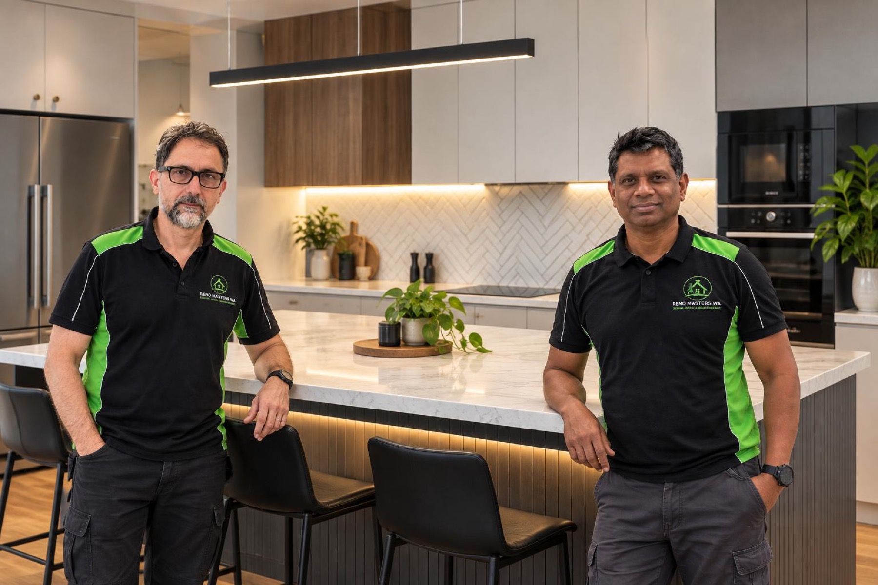 Jason and Kevin, founders of Reno Masters WA, in a completed kitchen renovation